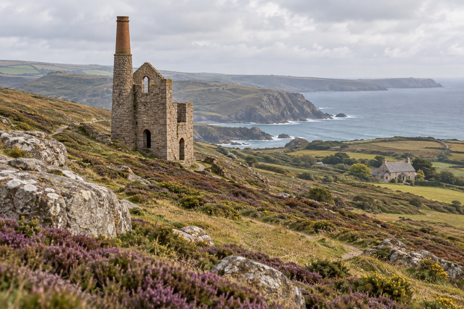 Illustrative Cornish mining engine house on a coastal hillside