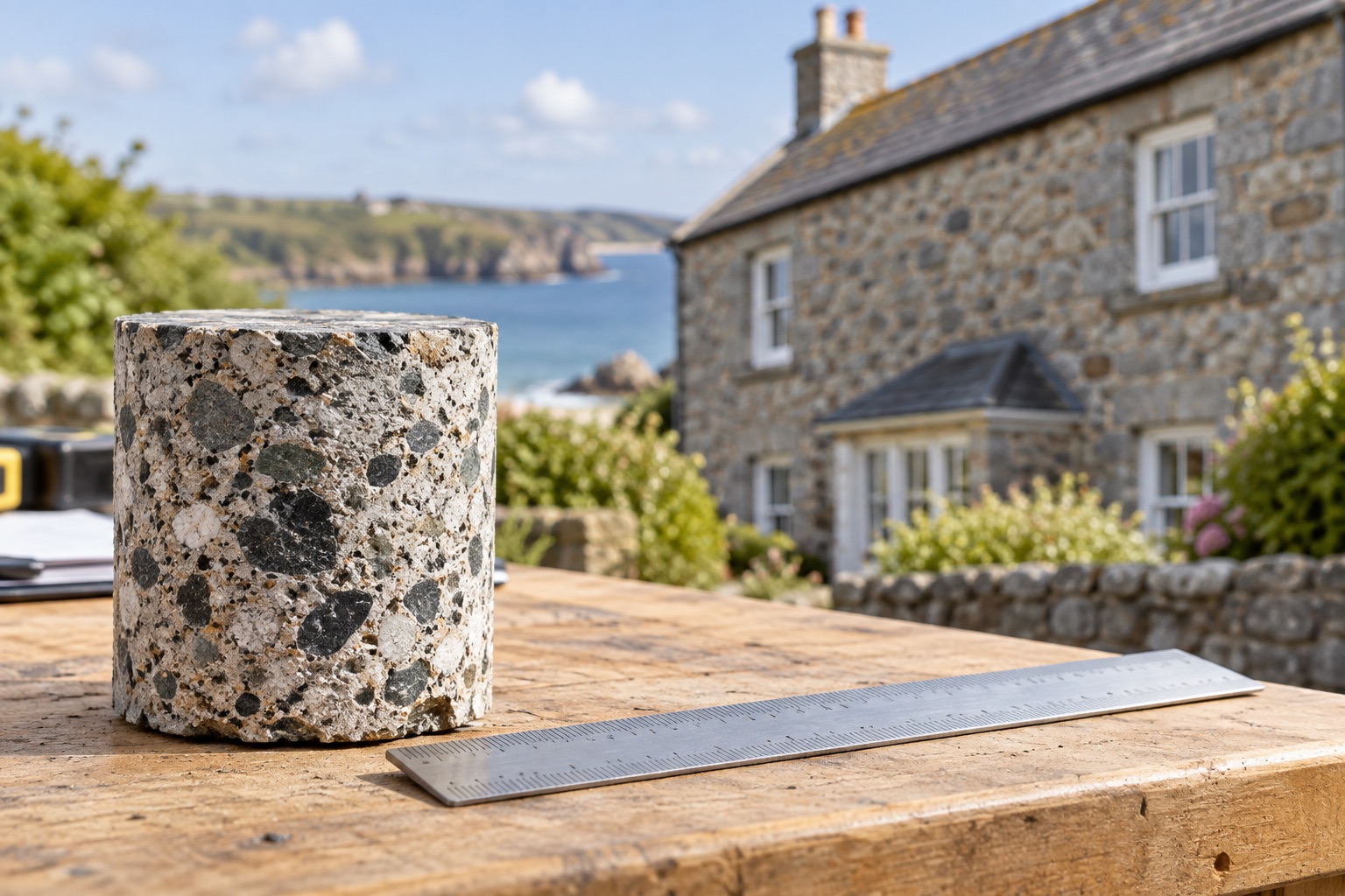 Illustrative concrete core with mixed mineral aggregate, beside a Cornish granite home