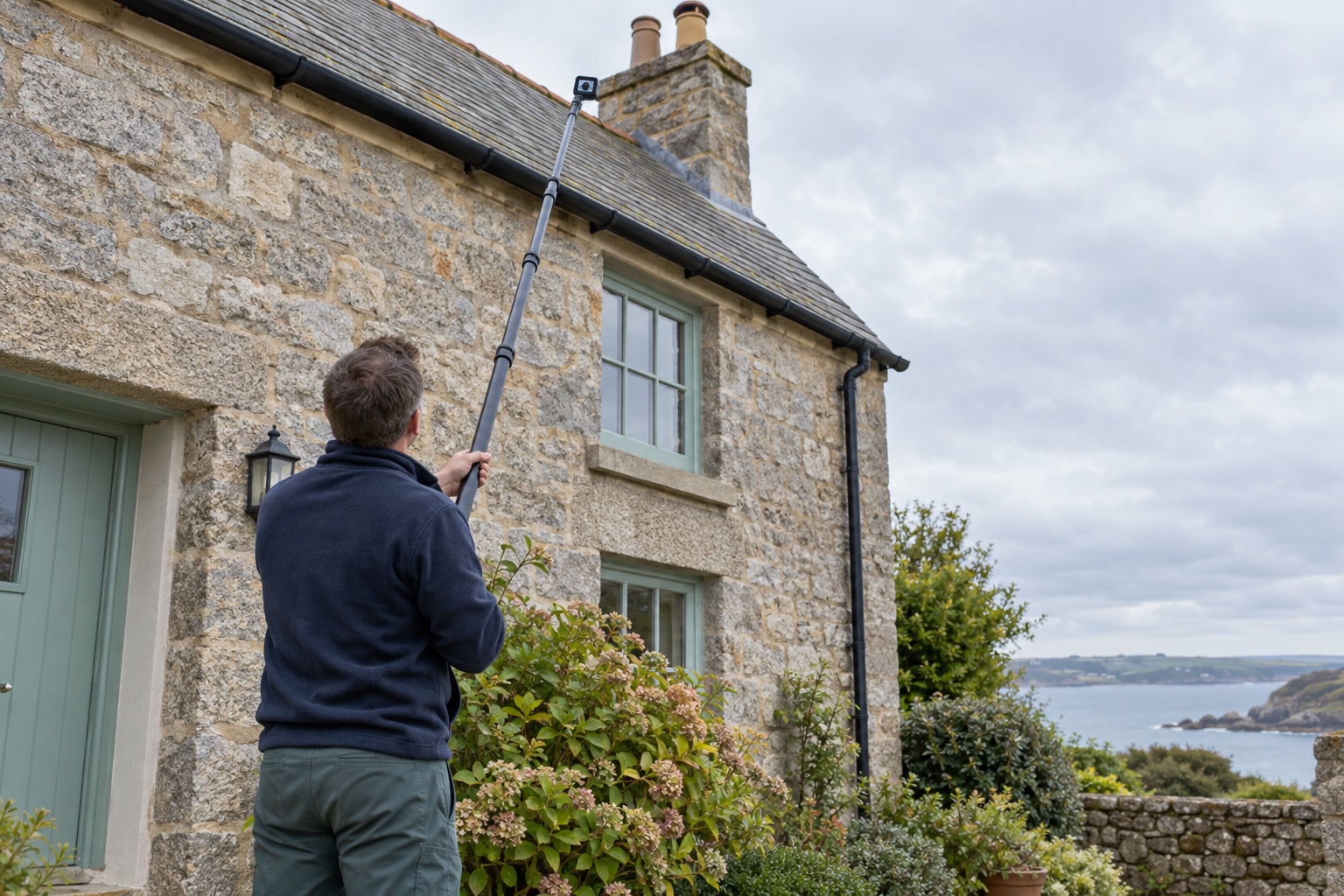 Illustrative image of a surveyor using a telescopic pole camera to view the eaves and roofline